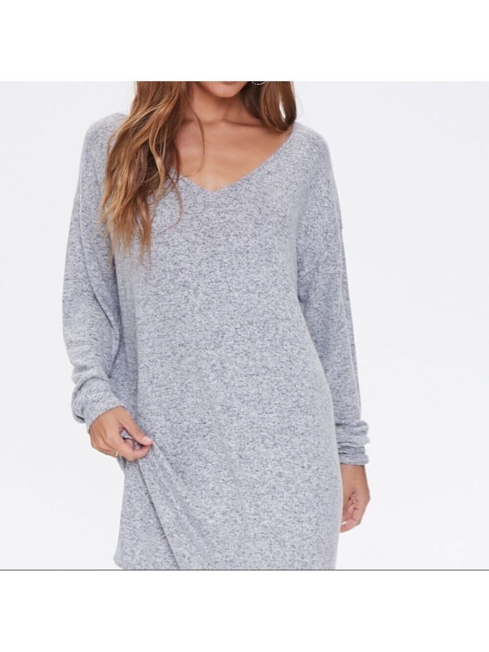 NEW-CAPELLA Marled Knit,Deep V-Neck, LongSleeve,Shift Mini Dress Heather Gray LG